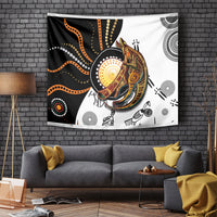 Aboriginal kangaroo tapestry with black, white, orange and gold dot artwork, wall-hung
