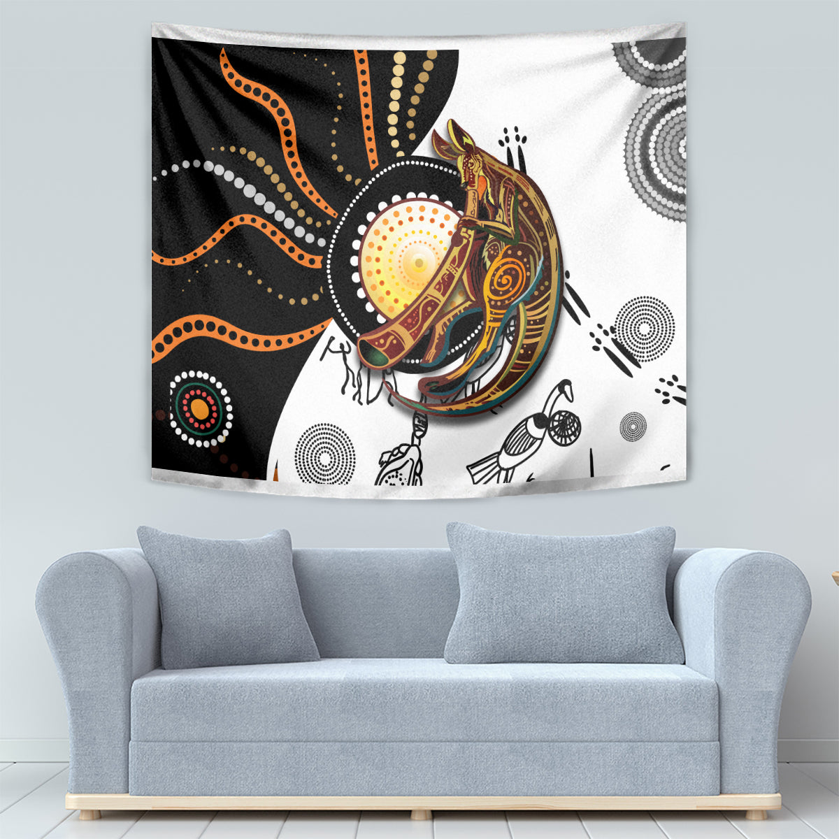 Aboriginal kangaroo pattern wall tapestry, black and white with orange, gold dot motifs