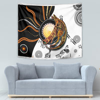 Aboriginal kangaroo pattern wall tapestry, black and white with orange, gold dot motifs
