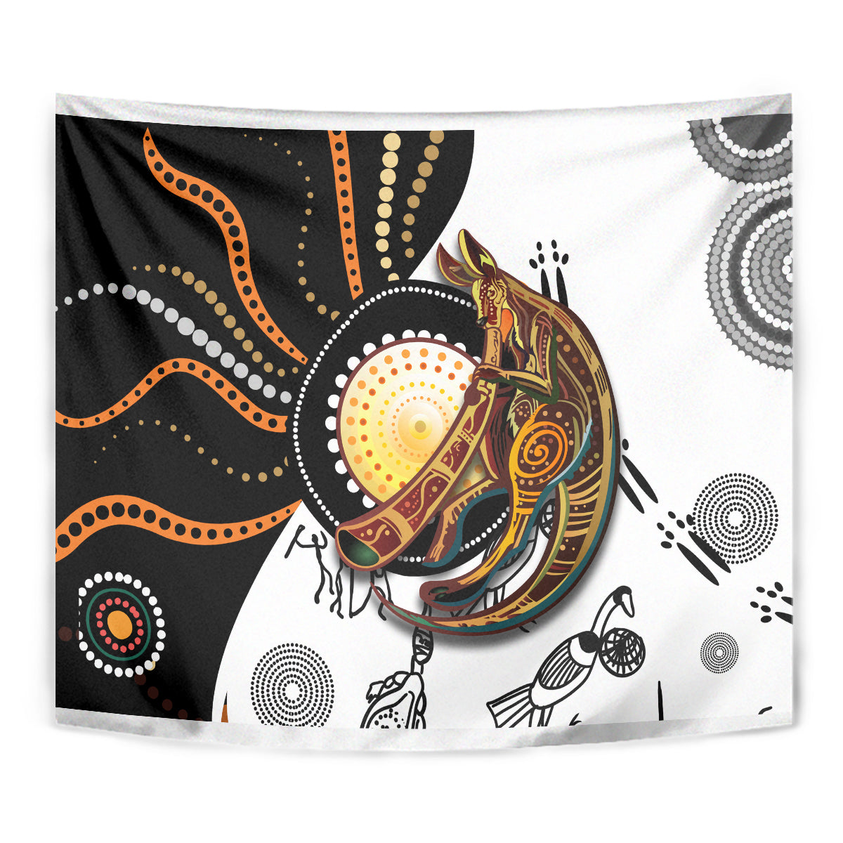 Aboriginal kangaroo dot-art tapestry close view, black, white, orange and gold circles