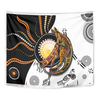 Aboriginal kangaroo dot-art tapestry close view, black, white, orange and gold circles