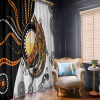 Aboriginal dot-pattern window curtain with kangaroo and circular motifs, two panels
