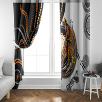 Two-panel window curtain set with black and white Aboriginal dot patterns and kangaroo