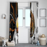 Pair of Aboriginal dot-pattern window curtains with large kangaroo and spiral motifs