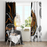 Window curtain pair featuring black and white Aboriginal dots with large kangaroo portrait