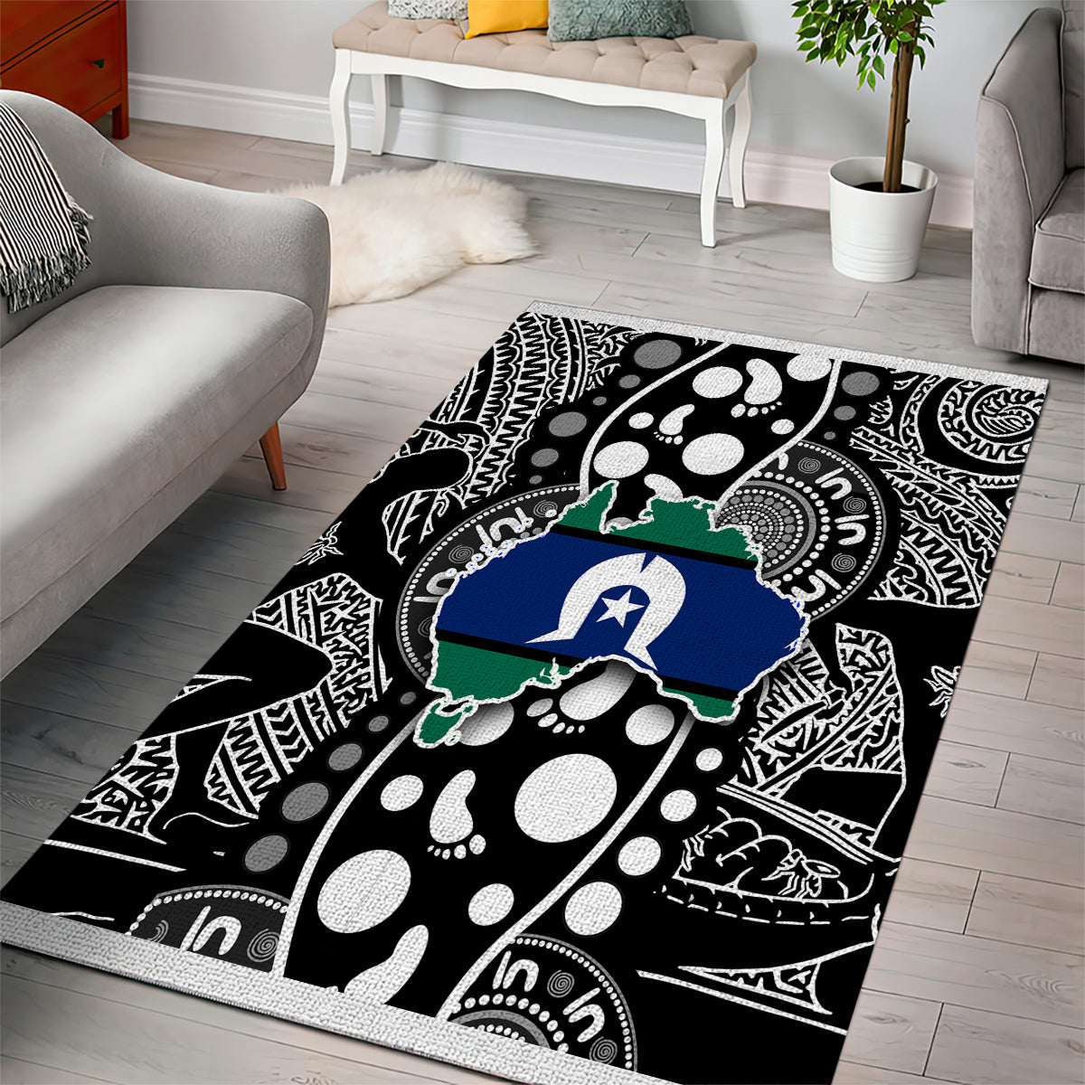 Abstract map-pattern area rug with bold black, white, blue and green center motif.