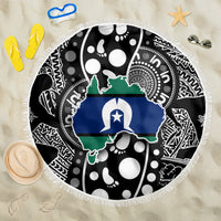 Round beach blanket with white fringe edge, black graphic map of Australia