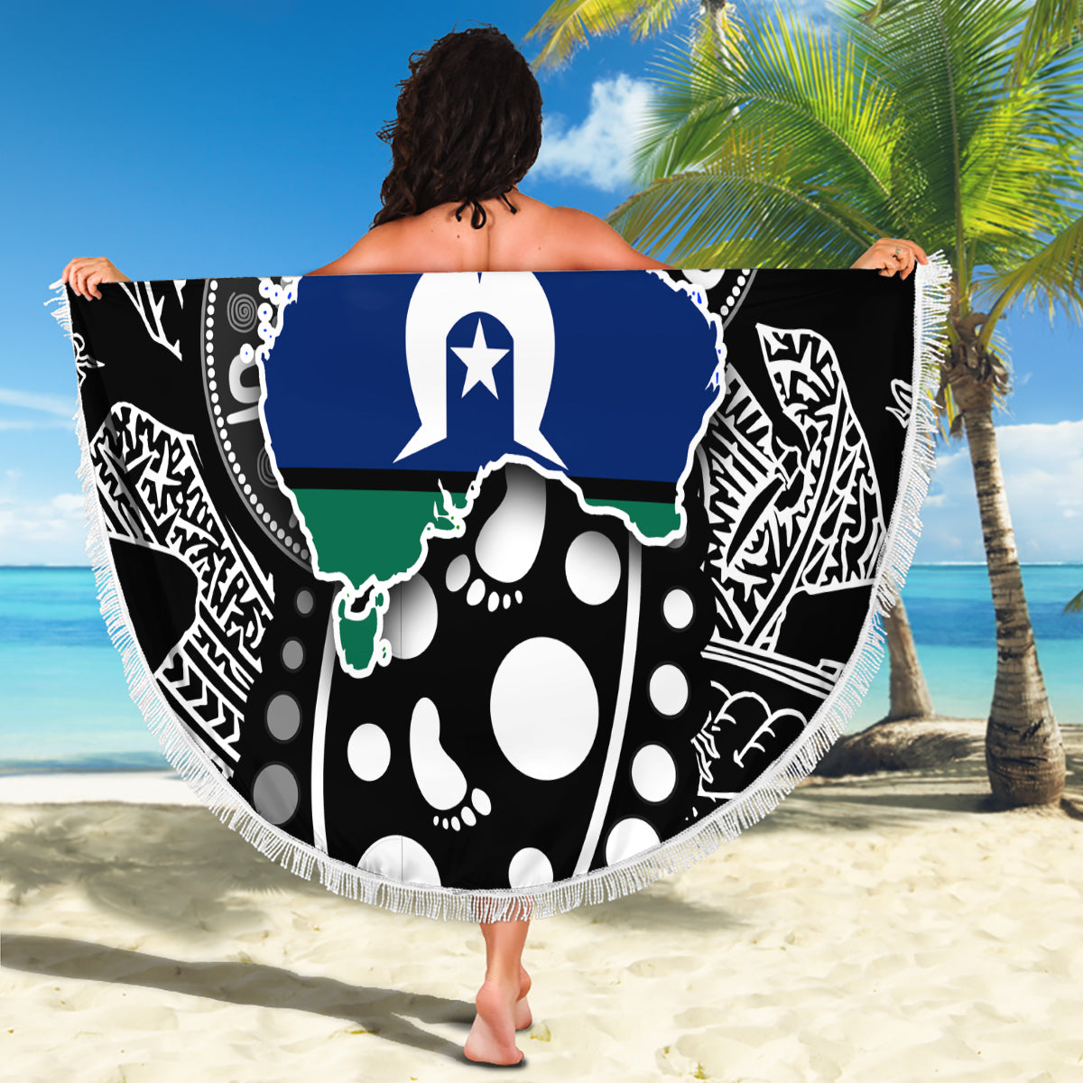 Round beach blanket with Australia map design, black boho graphics, white fringe