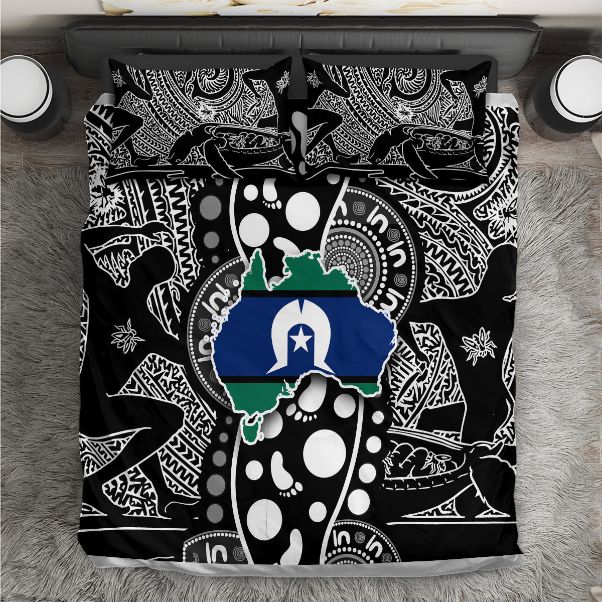 Black and white Aboriginal patterned bedding set with blue map-style center panel