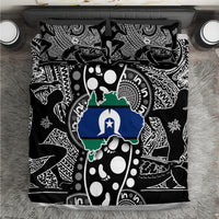 Black and white Aboriginal patterned bedding set with blue map-style center panel