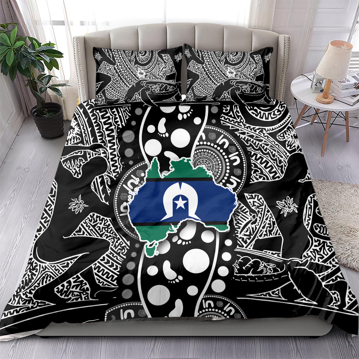 Aboriginal patterned bedding set, black base with blue center graphic and white accents