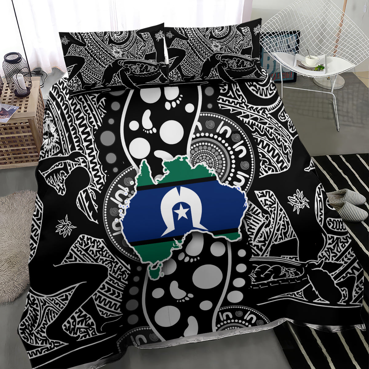 Black Aboriginal bedding set with central blue Australia graphic and abstract white motifs
