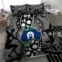 Black Aboriginal bedding set with central blue Australia graphic and abstract white motifs