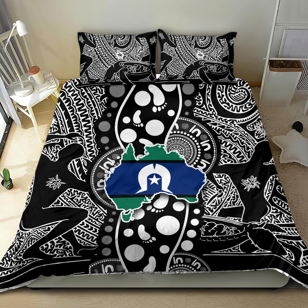 Black and white Aboriginal patterned bedding set with two pillowcases and blue map artwork