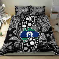 Black and white Aboriginal patterned bedding set with two pillowcases and blue map artwork