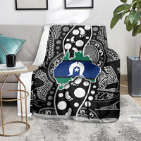 Aboriginal pattern throw blanket in black, white, green, and blue with map graphic