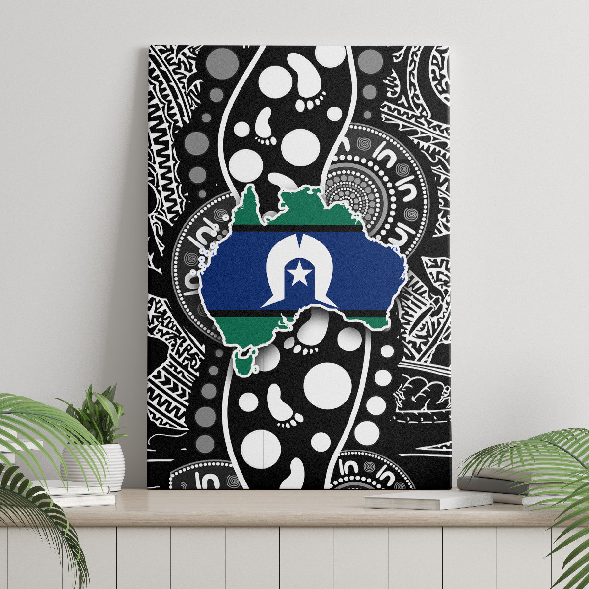 Canvas wall art showing a blue island map with a white star over black abstract patterns