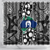 Shower curtain with black-and-white tribal pattern and multicolor central map design