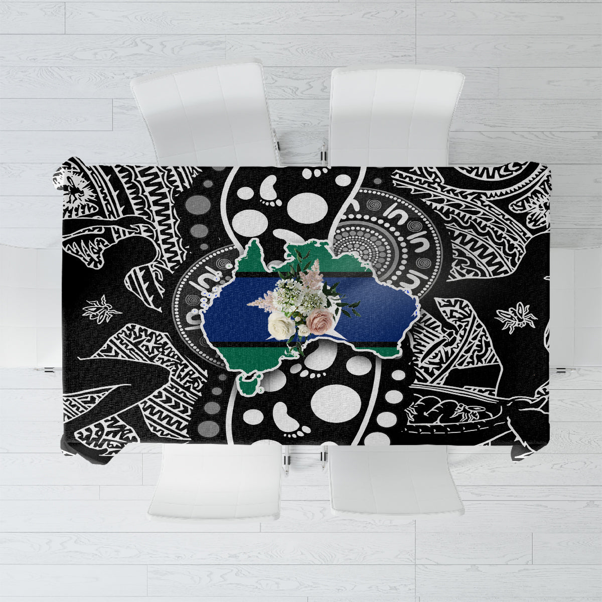 Aboriginal patterned tablecloth in black with white motifs and blue-green island design