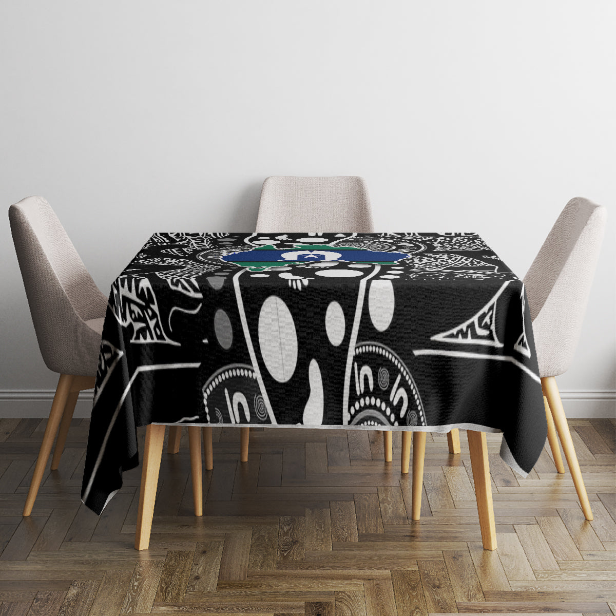 Aboriginal patterned tablecloth, black with bold white central motif and blue-green accents