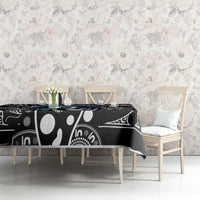 Aboriginal patterned tablecloth, black with white motifs and blue-green abstract design