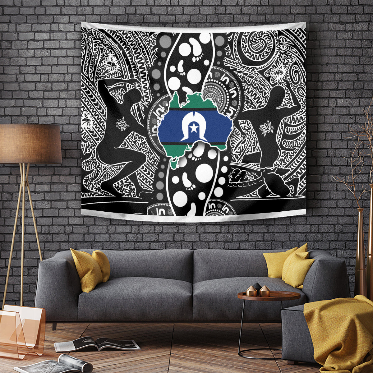 Decorative tapestry wall hanging with black, white, blue, and green patterned design