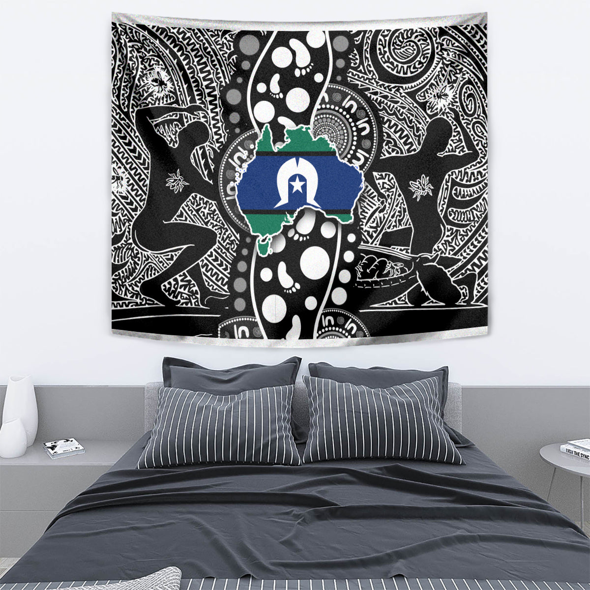 Tribal-pattern tapestry wall hanging in black, white, blue, and green
