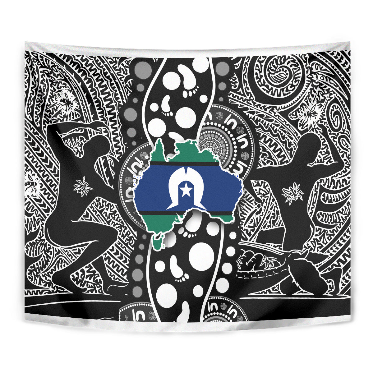 Rectangular tapestry wall hanging with bold black-and-white tribal motif and blue-green accents