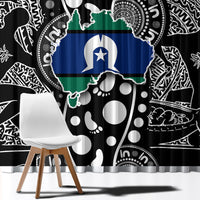 Black Aboriginal pattern curtains with central blue-and-green map graphic and white detailing