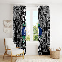 Black Aboriginal pattern window curtains featuring blue-and-green map detail