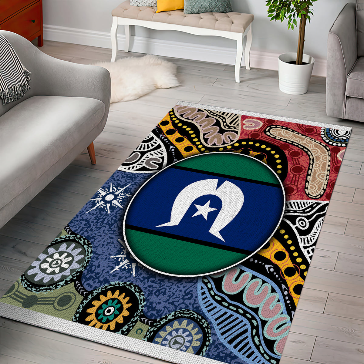 Multicolor aboriginal pattern area rug featuring a centered circular emblem with flag colors