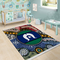 Multicolor tribal area rug with large circular flag emblem centerpiece and patterned edges