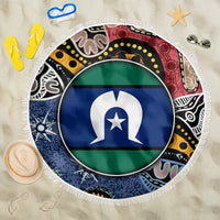Round beach blanket with circular flag emblem, multicolor Aboriginal-style border, white fringe