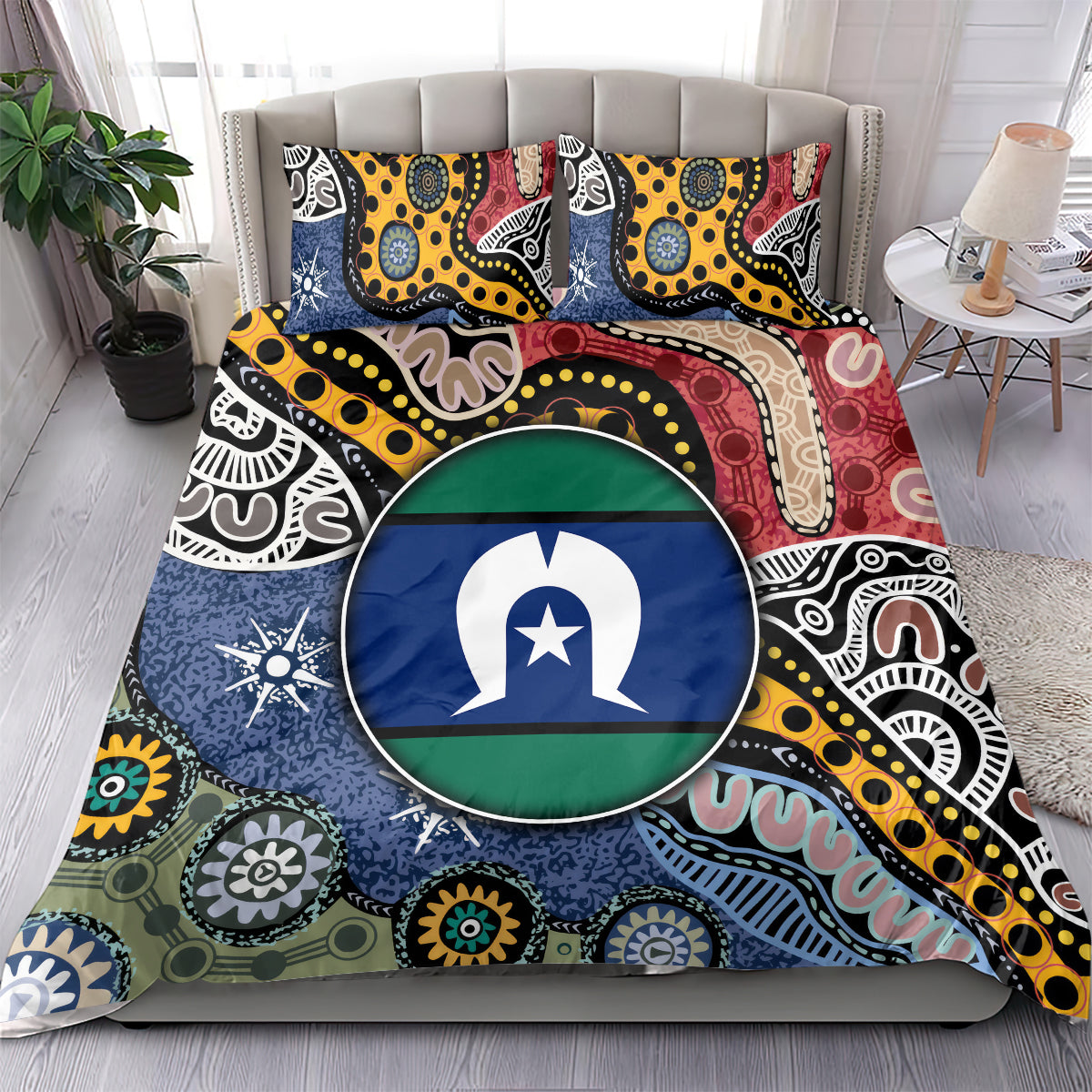 Multicolor Aboriginal pattern bedding set featuring a large circular flag emblem