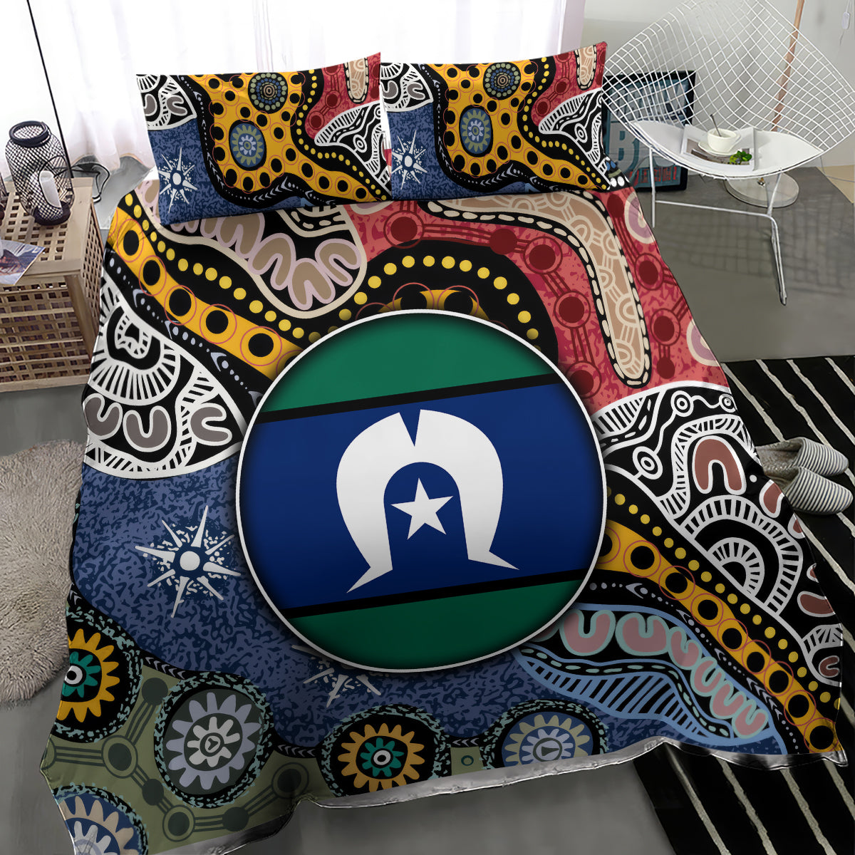 Multicolor Aboriginal pattern bedding set with bold circular flag emblem on cover