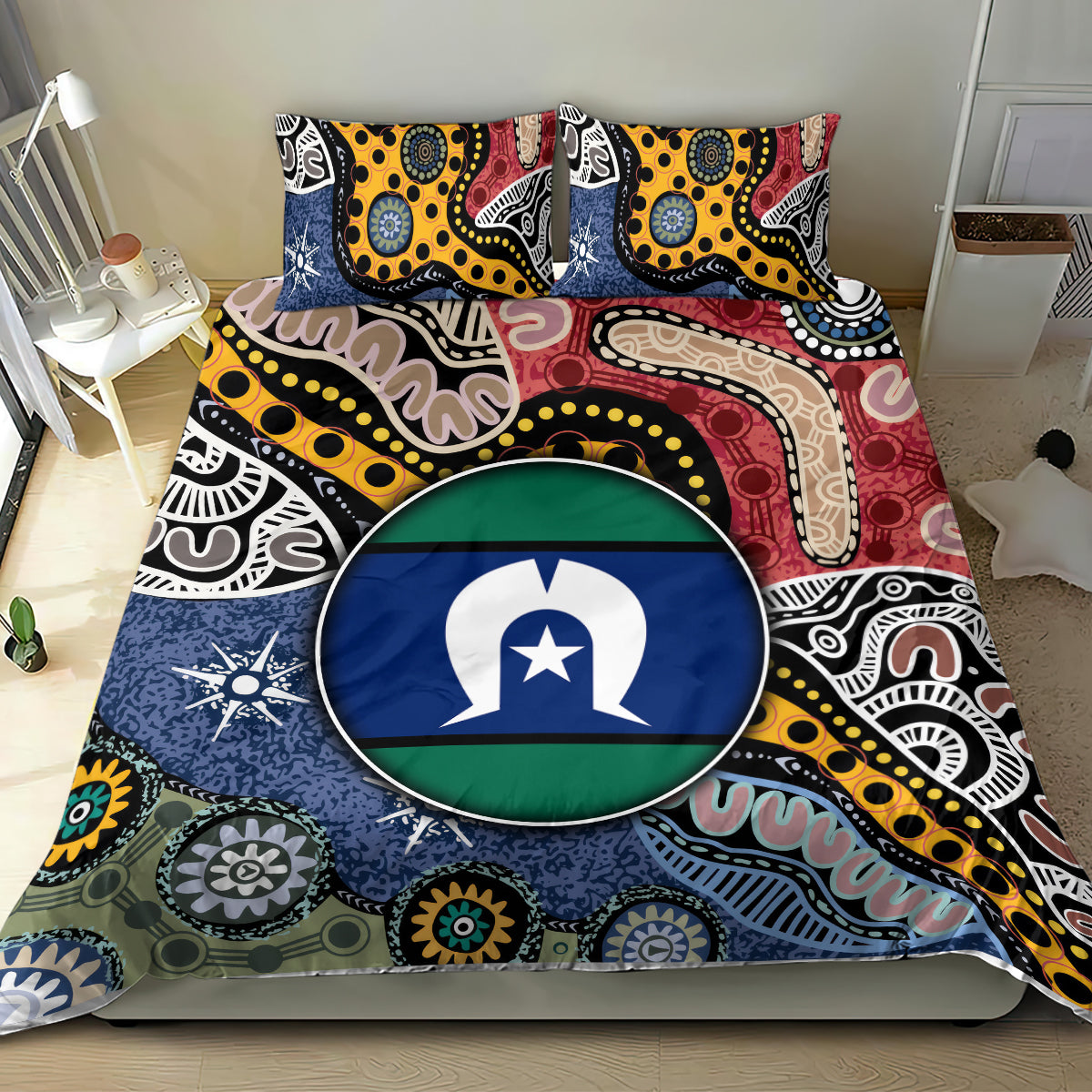Multicolor Aboriginal pattern bedding set showing a central circular flag emblem
