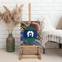 Multicolor Aboriginal patterned canvas wall art with circular blue-and-green emblem.