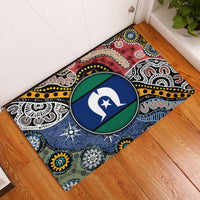 Multicolor patterned rubber doormat with central round emblem and geometric motifs