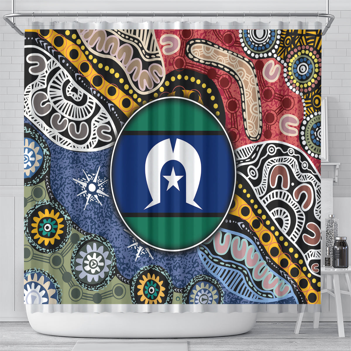 Multicolor shower curtain with tribal artwork, top eyelets, and central circular emblem