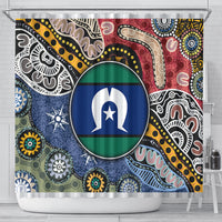 Multicolor shower curtain with tribal artwork, top eyelets, and central circular emblem
