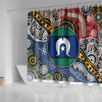 Multicolor shower curtain featuring Aboriginal-style patterns and large circular blue-and-white star emblem