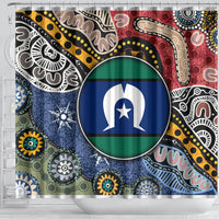 Multicolor shower curtain with bold tribal motifs and large circular blue-green star emblem
