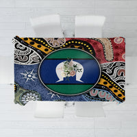 Rectangular tablecloth with multicolor Aboriginal pattern, close view over table centerpiece