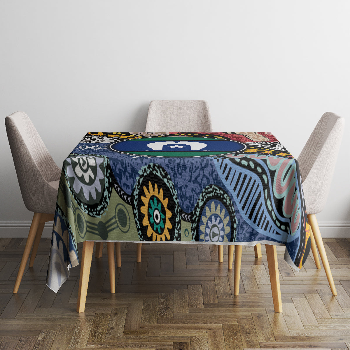 Rectangular tablecloth with multicolor Aboriginal pattern, blue and teal base, round table look