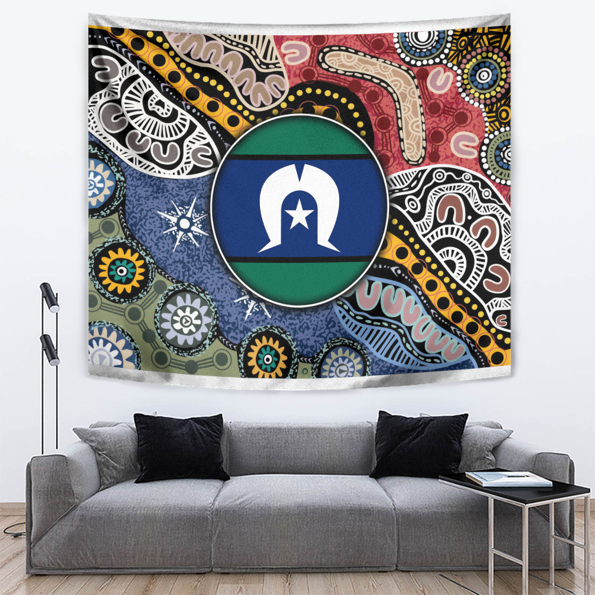 Rectangular multicolor Aboriginal pattern tapestry with central circular emblem and tribal motifs
