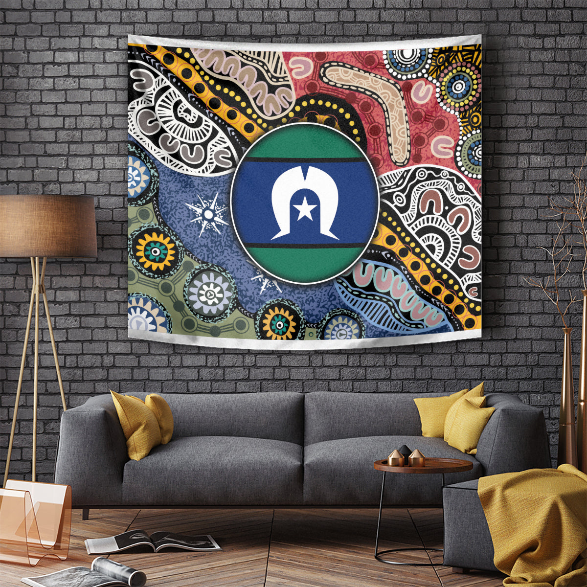 Rectangular multicolor Aboriginal pattern tapestry with central circular emblem and detailed motifs