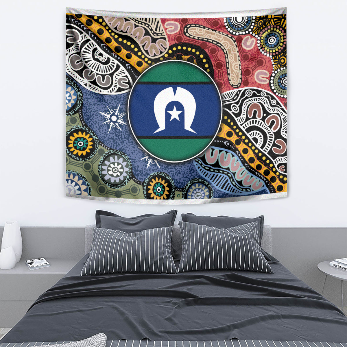 Rectangular multicolor Aboriginal pattern tapestry with central circular emblem, colorful motif border