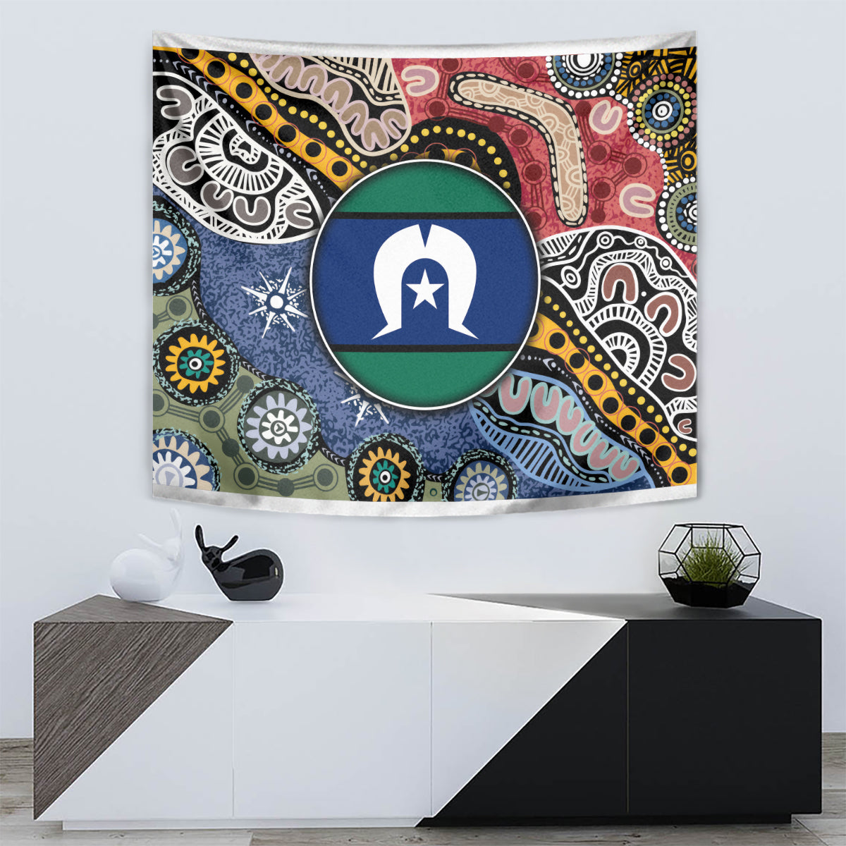 Rectangular multicolor Aboriginal pattern tapestry with large central circular emblem and ornate designs