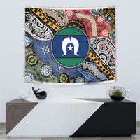 Rectangular multicolor Aboriginal pattern tapestry with large central circular emblem and ornate designs