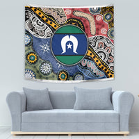Rectangular multicolor Aboriginal pattern tapestry with central circular emblem and repeating tribal patterns